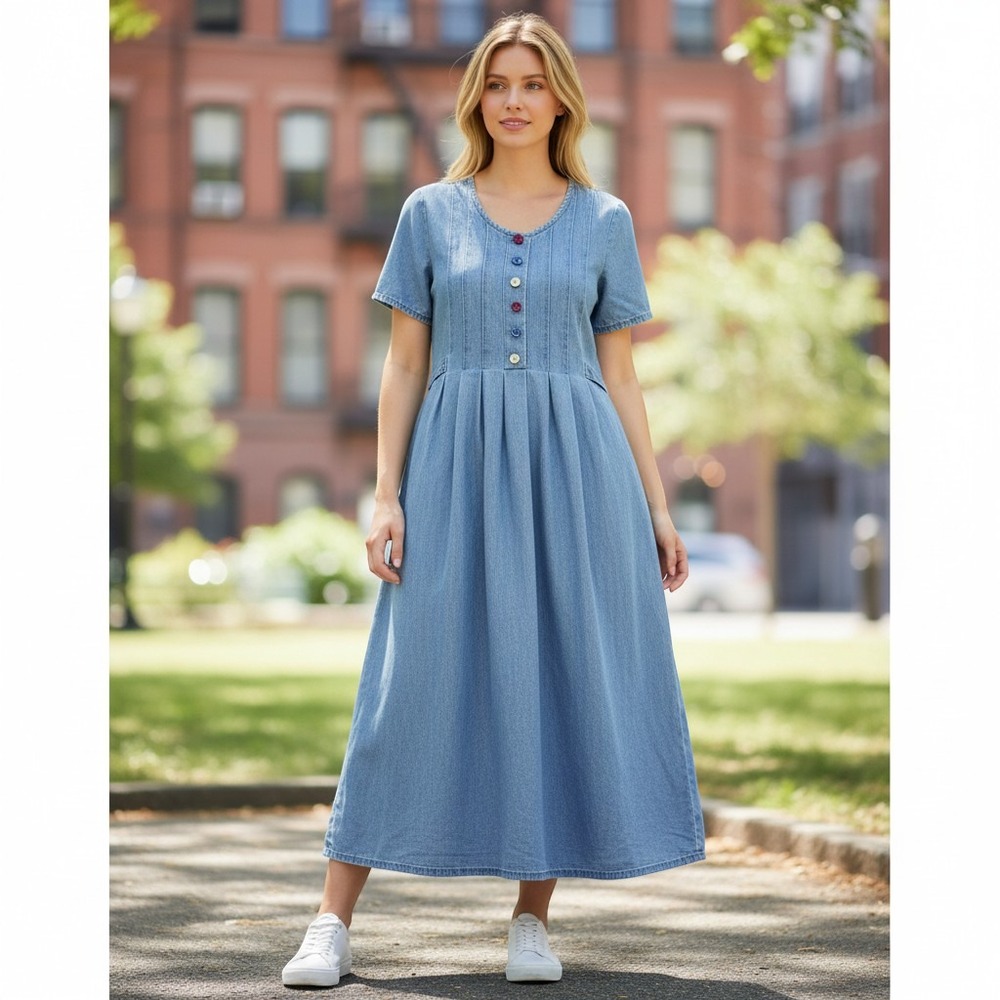 VTG Western 90s Denim Maxi Dress 14 Blue Rosette Prairie
